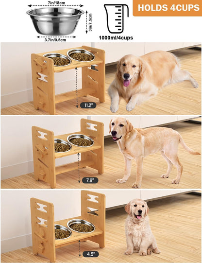 Elevated Dog Bowls, Adjustable Raised Dog Bowl Stand for Medium Sized Pet, Sturdy Bamboo Food Feeder with 2 Stainless Steel Dishes, Natural
