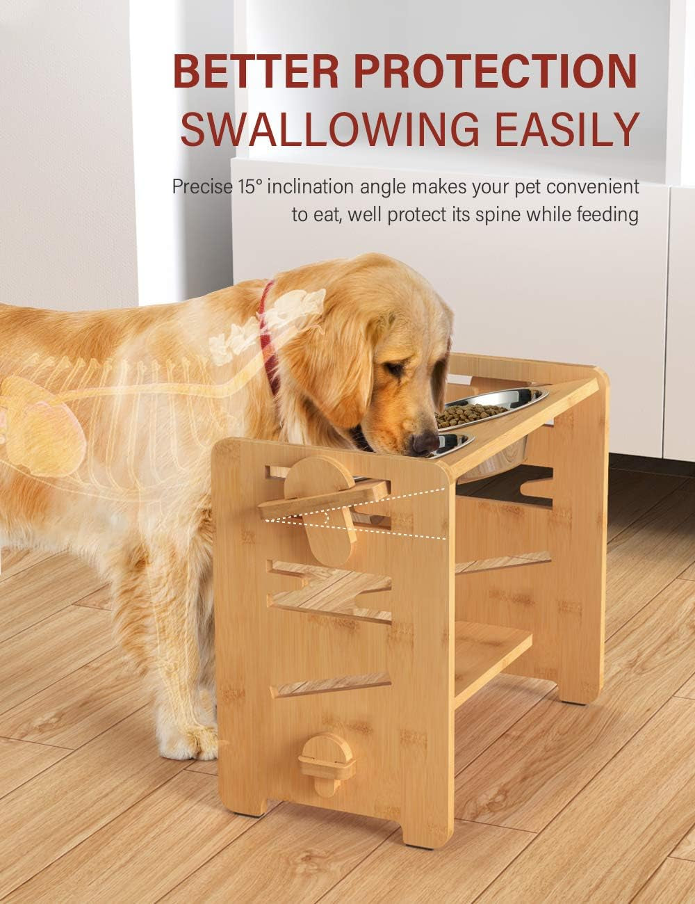 Elevated Dog Bowls, Adjustable Raised Dog Bowl Stand for Medium Sized Pet, Sturdy Bamboo Food Feeder with 2 Stainless Steel Dishes, Natural