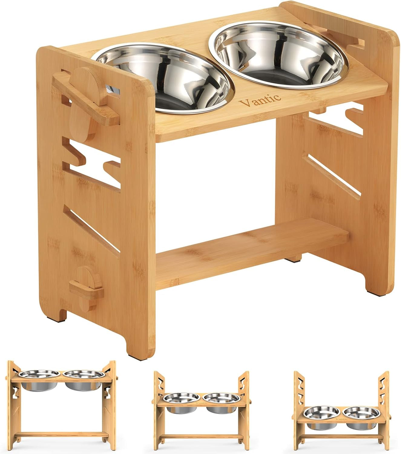 Elevated Dog Bowls, Adjustable Raised Dog Bowl Stand for Medium Sized Pet, Sturdy Bamboo Food Feeder with 2 Stainless Steel Dishes, Natural
