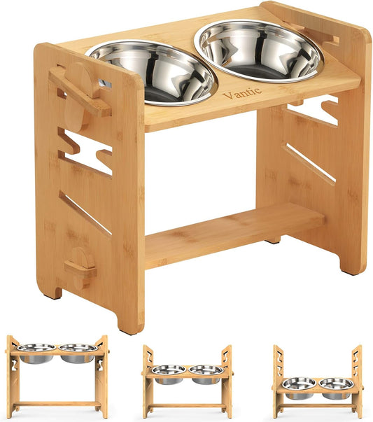 Elevated Dog Bowls, Adjustable Raised Dog Bowl Stand for Medium Sized Pet, Sturdy Bamboo Food Feeder with 2 Stainless Steel Dishes, Natural