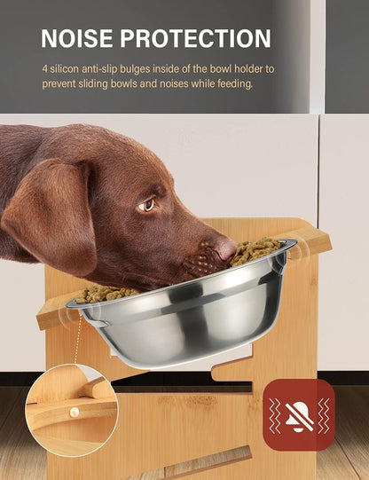 Elevated Dog Bowls, Adjustable Raised Dog Bowl Stand for Medium Sized Pet, Sturdy Bamboo Food Feeder with 2 Stainless Steel Dishes, Natural