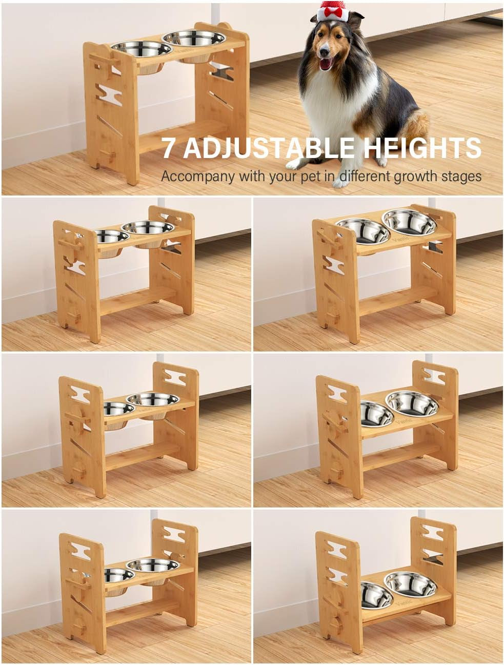 Elevated Dog Bowls, Adjustable Raised Dog Bowl Stand for Medium Sized Pet, Sturdy Bamboo Food Feeder with 2 Stainless Steel Dishes, Natural
