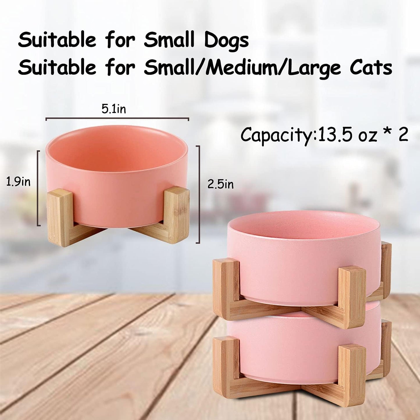 Dog Cat Bowl Ceramic Pink Pet Dish with Stand for Food and Water, Modern Cute Matte Glaze Weighted Pet Bowls Set for Cats & Small Size Dogs 13.5 OZ (5.1In / 1.7 Cups) Pink